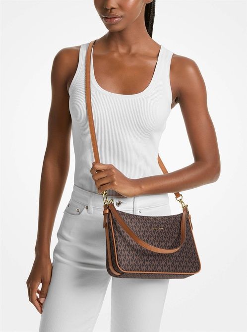 MICHAEL KORS Jet Set Medium Signature Logo Print Woven Convertible Pochette BRN / ACORN 32S5GJ6C6C &mdash; фото 4 из 4