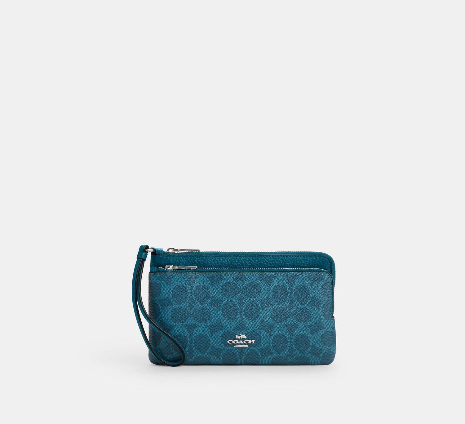 ᐉ COACH Double Zip Wallet In Signature Canvas Silver / Aquamarine
