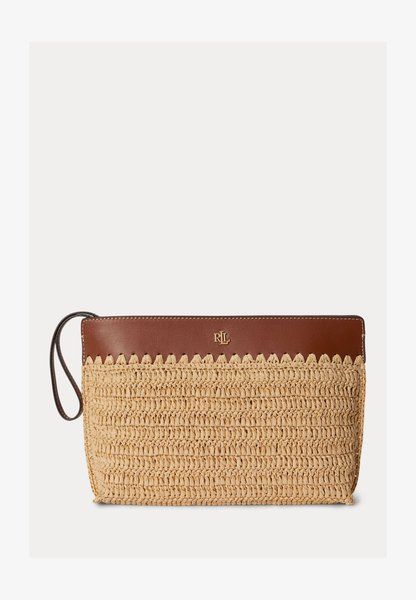 RALPH LAUREN Leather-Trim Crocheted Straw Large Pouch Wash Bag Tan 432P10519-001 &mdash; фото 1 из 4