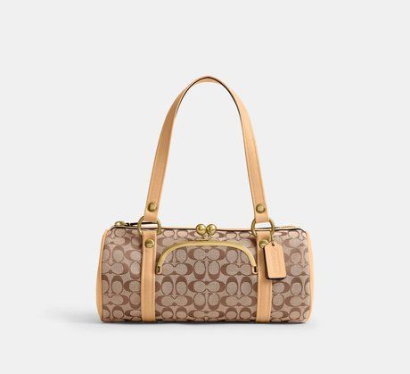 COACH Kisslock Barrel Bag In Signature Jacquard Brass / Khaki Light Peach CEM81 &mdash; фото 1 из 9