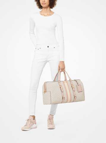 Michael Kors Large Bedford Travel Vanilla & Soft Pink Logo Stripe Weekender  Bag