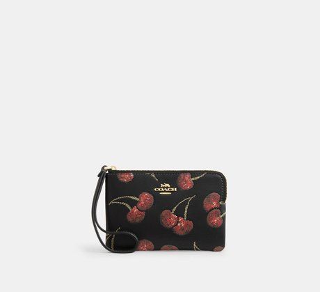 COACH Corner Zip Wristlet With Cherry Print Gold / Black Multi CDF05 &mdash; фото 1 из 3