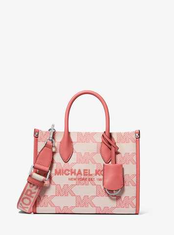 Michael Kors Mirella Small Shopper Top Zip Crossbody Tea Rose Pink Jacquard  MK